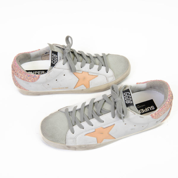 Golden Goose Superstar Sneakers Upper in Calf Leather Glitter Coated Star & Heel Tab Size 40