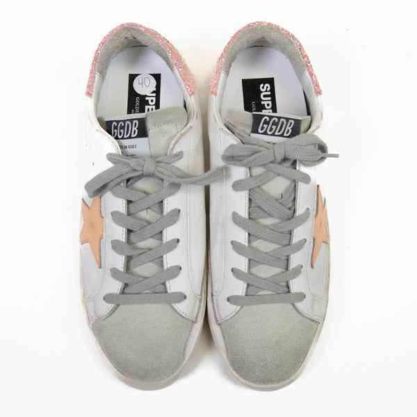 Golden Goose Superstar Sneakers Upper in Calf Leather Glitter Coated Star & Heel Tab Size 40