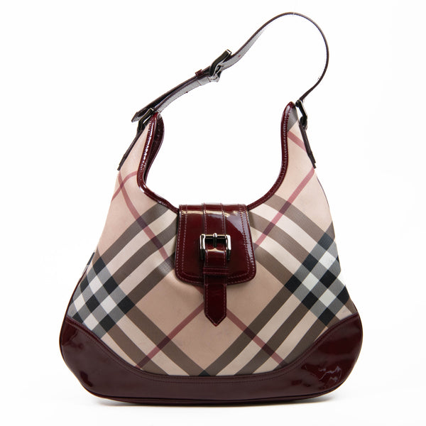 Burberry Red Patent Leather Nova Check Coated Canvas Brook Hobo Bag