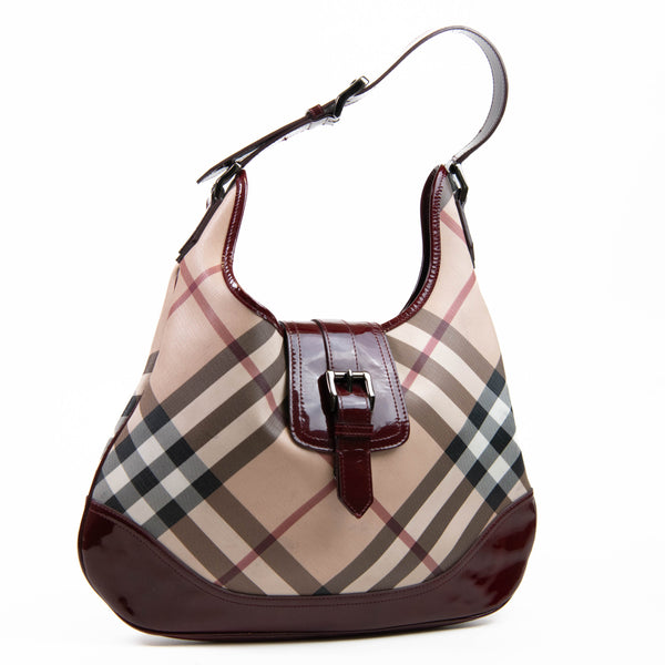 Burberry Red Patent Leather Nova Check Coated Canvas Brook Hobo Bag