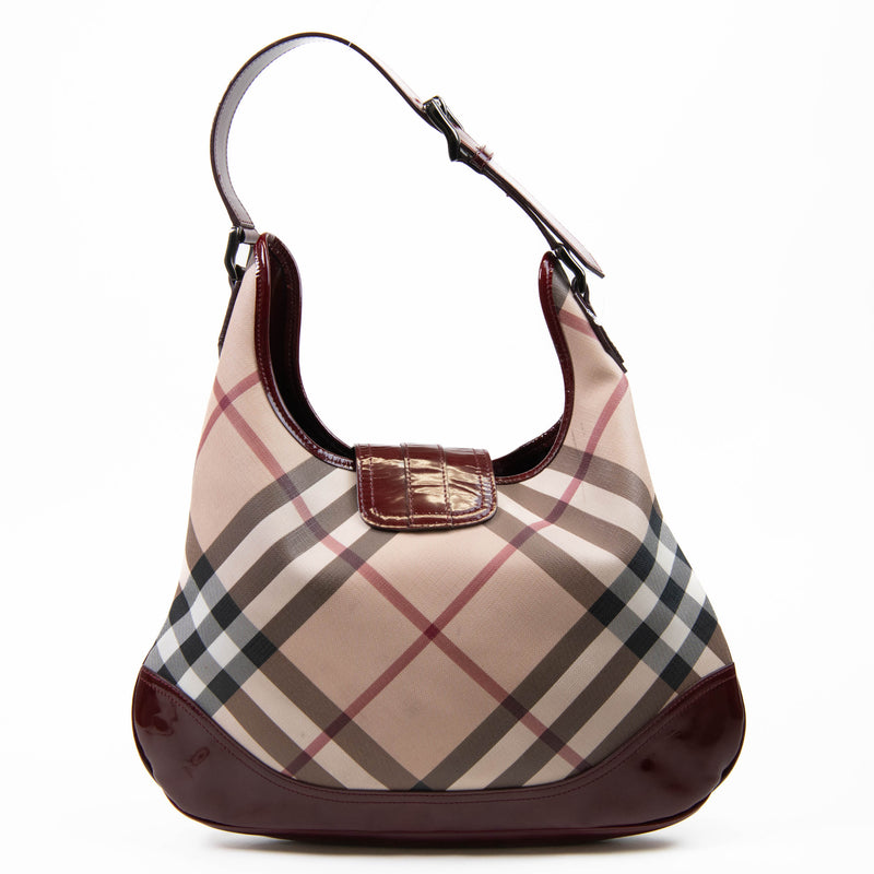 Burberry Red Patent Leather Nova Check Coated Canvas Brook Hobo Bag