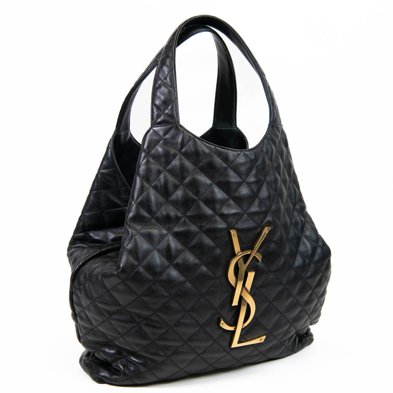 Saint Laurent Black Leather Quilted Maxi Icare Shopping Tote