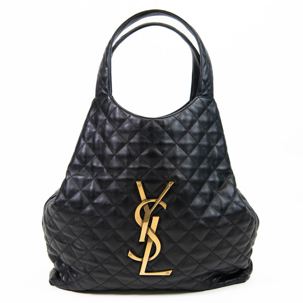 Saint Laurent Black Leather Quilted Maxi Icare Shopping Tote