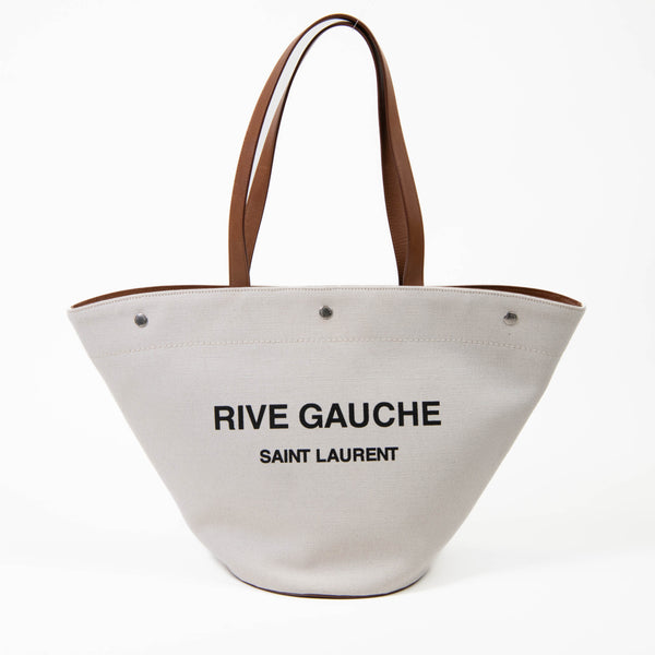 Saint Laurent Beige and Brown Canvas Rive Gauche Cabas Tote Bag