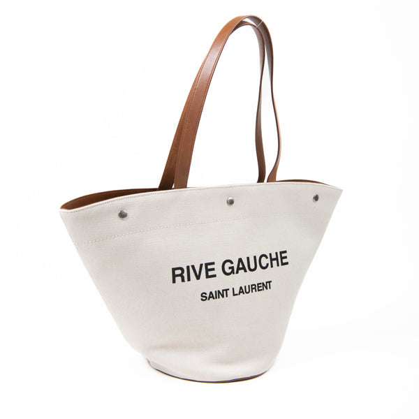 Saint Laurent Beige and Brown Canvas Rive Gauche Cabas Tote Bag