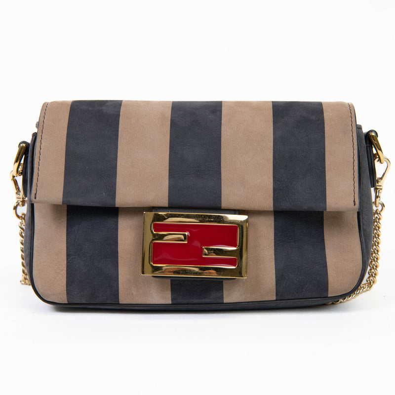 Fendi Pecan Small Black and Beige Leather Baguette Shoulder Bag