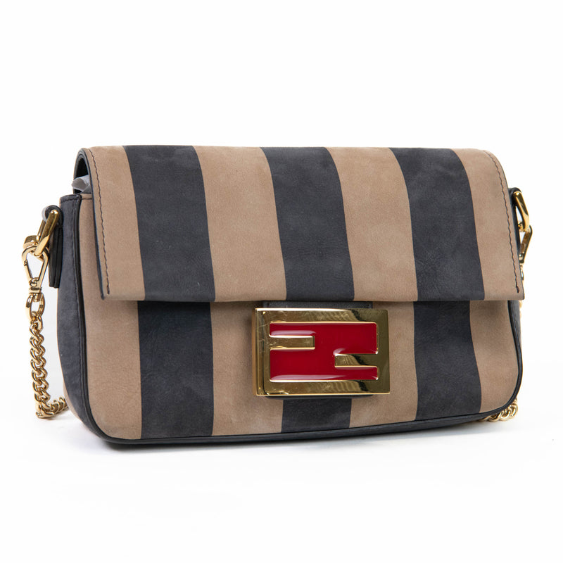 Fendi Pecan Small Black and Beige Leather Baguette Shoulder Bag