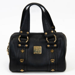 MCM Black Leather Vintage Studded Logo Motifs Boston Bag