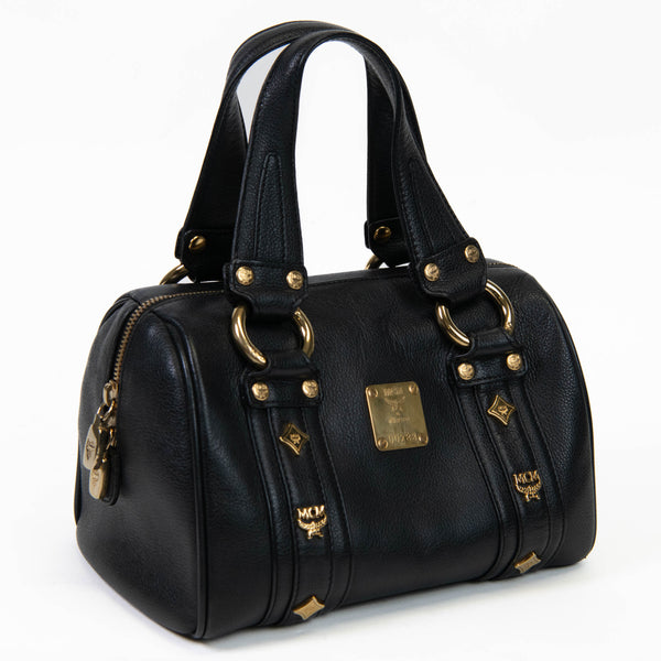 MCM Black Leather Vintage Studded Logo Motifs Boston Bag