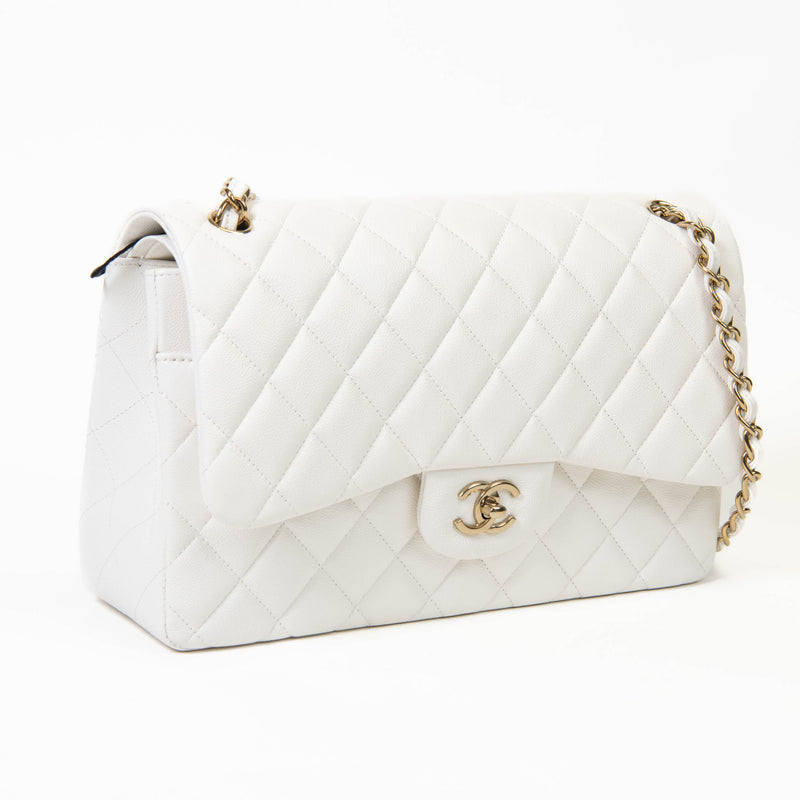 Chanel Jumbo Classic Double Flap Bag White Caviar Light Gold Hardware