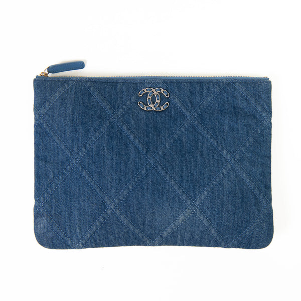 Chanel Blue Denim Quilted Large Chanel 19 Cosmetic Case