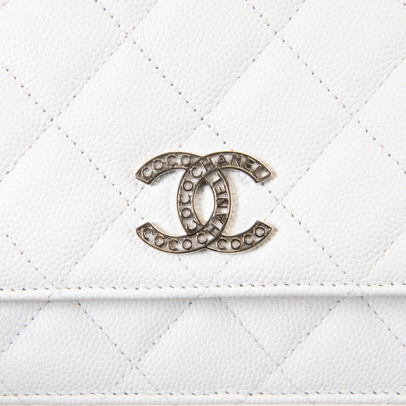 Chanel  White Caviar Quilted Leather Strass Wallet On Chain WOC