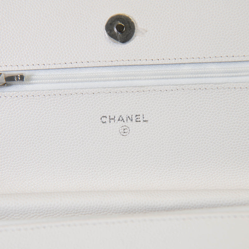 Chanel  White Caviar Quilted Leather Strass Wallet On Chain WOC