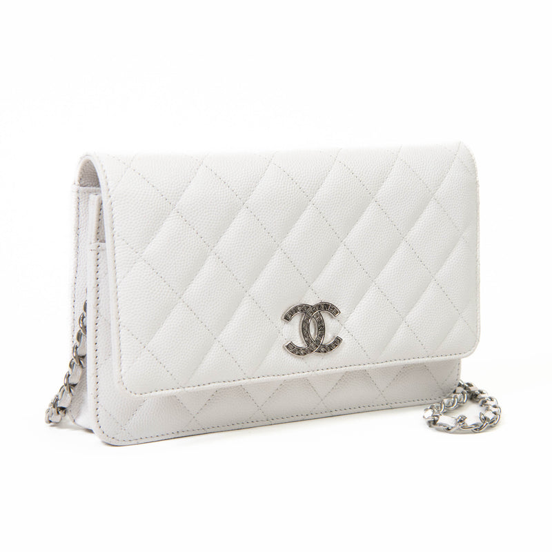 Chanel  White Caviar Quilted Leather Strass Wallet On Chain WOC