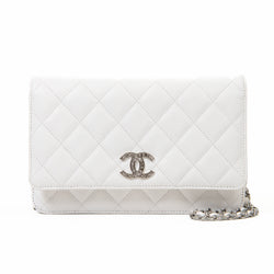 Chanel  White Caviar Quilted Leather Strass Wallet On Chain WOC