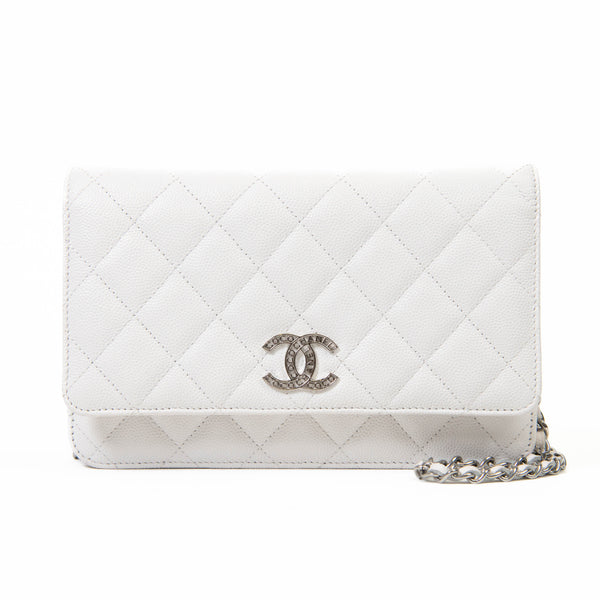 Chanel  White Caviar Quilted Leather Strass Wallet On Chain WOC