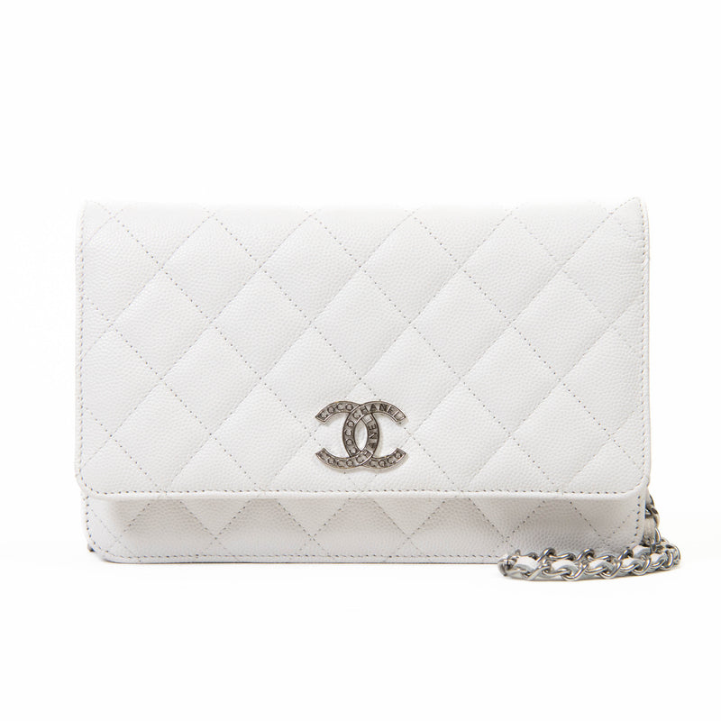 Chanel  White Caviar Quilted Leather Strass Wallet On Chain WOC