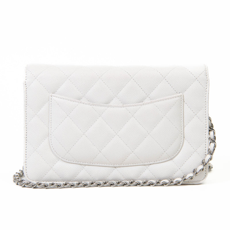 Chanel  White Caviar Quilted Leather Strass Wallet On Chain WOC