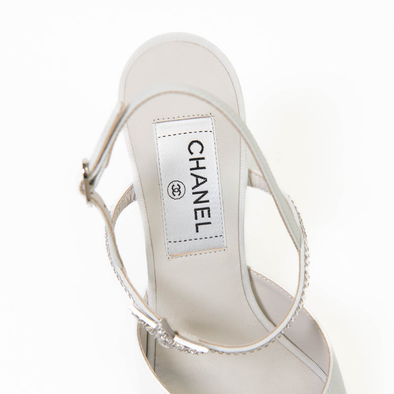 Chanel Grey Grained Calfskin Strass CC Sandals Size 36