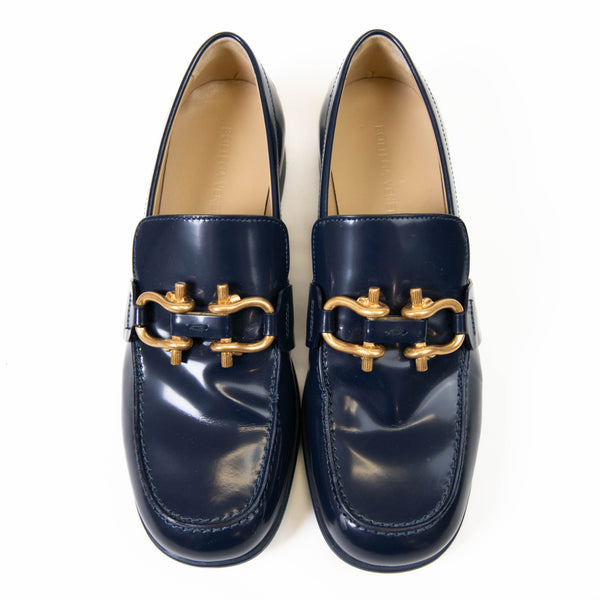 Bottega Veneta Dark Blue Leather Monsieur Loafers Size 9