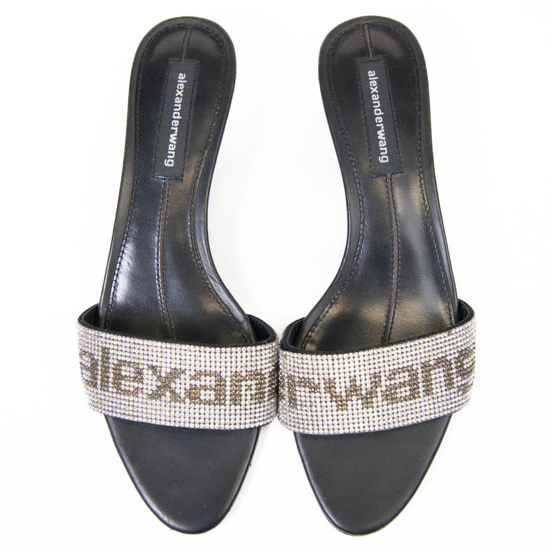 Alexander Wang  Black Leather Crystal-Embellished Jessie Mules Size 38