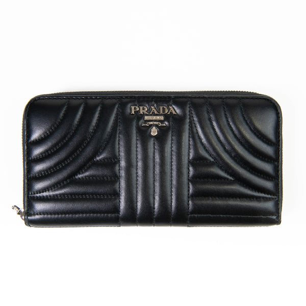 Prada Black Soft Calfskin Diagramme Zip Around Wallet