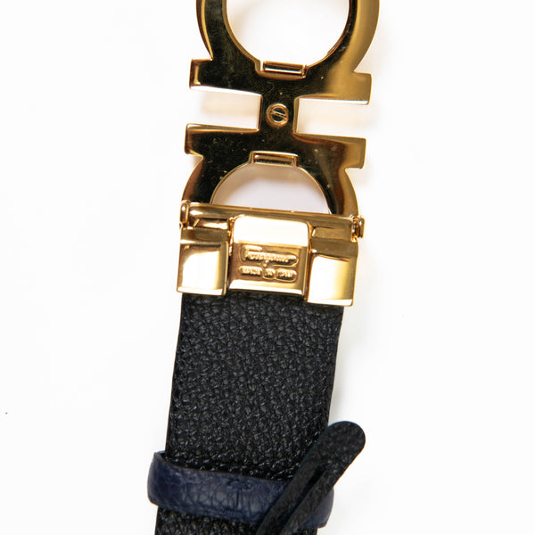 Ferragamo Men's Double Gancini Navy Blue Leather Belt