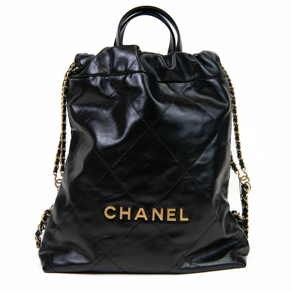 Chanel Black Shiny Calfskin Quilted Chanel 22 Backpack