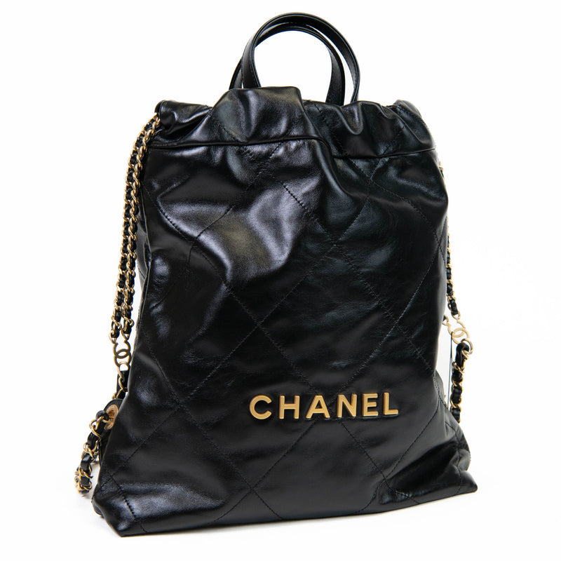 Chanel Black Shiny Calfskin Quilted Chanel 22 Backpack