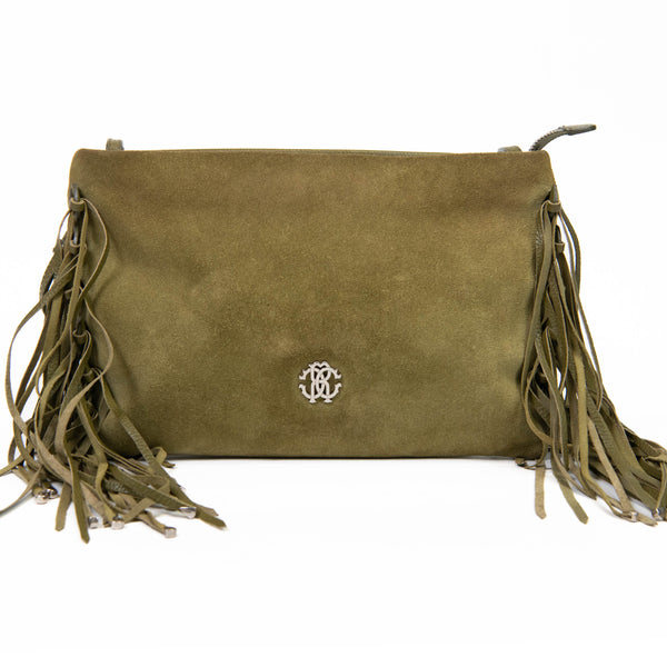 Roberto Cavalli Green Suede Fringe Evening Bag