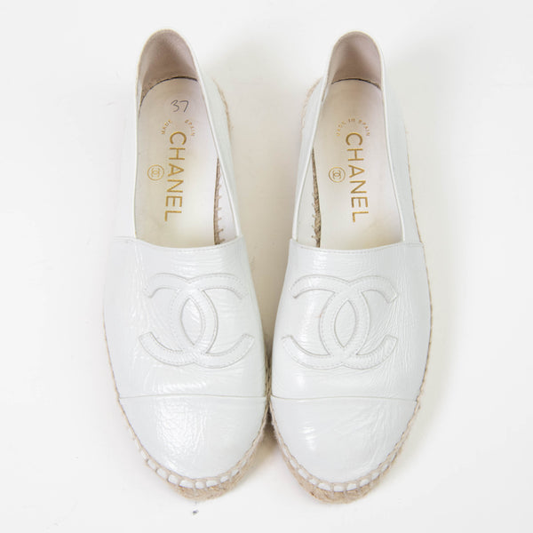 Chanel White Patent Calfskin Leather CC Espadrilles 37