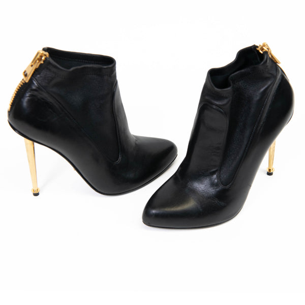 Tom Ford Black Leather Gold Zipper Elastic Stiletto Ankle Boots 35.5