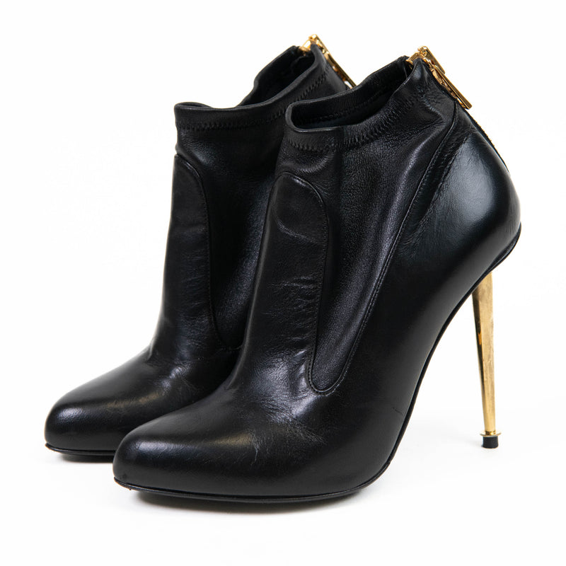 Tom Ford Black Leather Gold Zipper Elastic Stiletto Ankle Boots 35.5