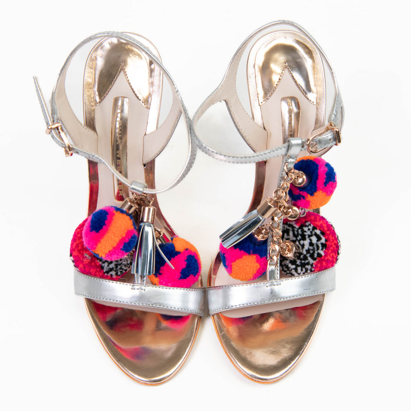 Sophia Webster Silver and Pink Rose Gold Leather Printed Pom Pom Slingback Sandals Size 35