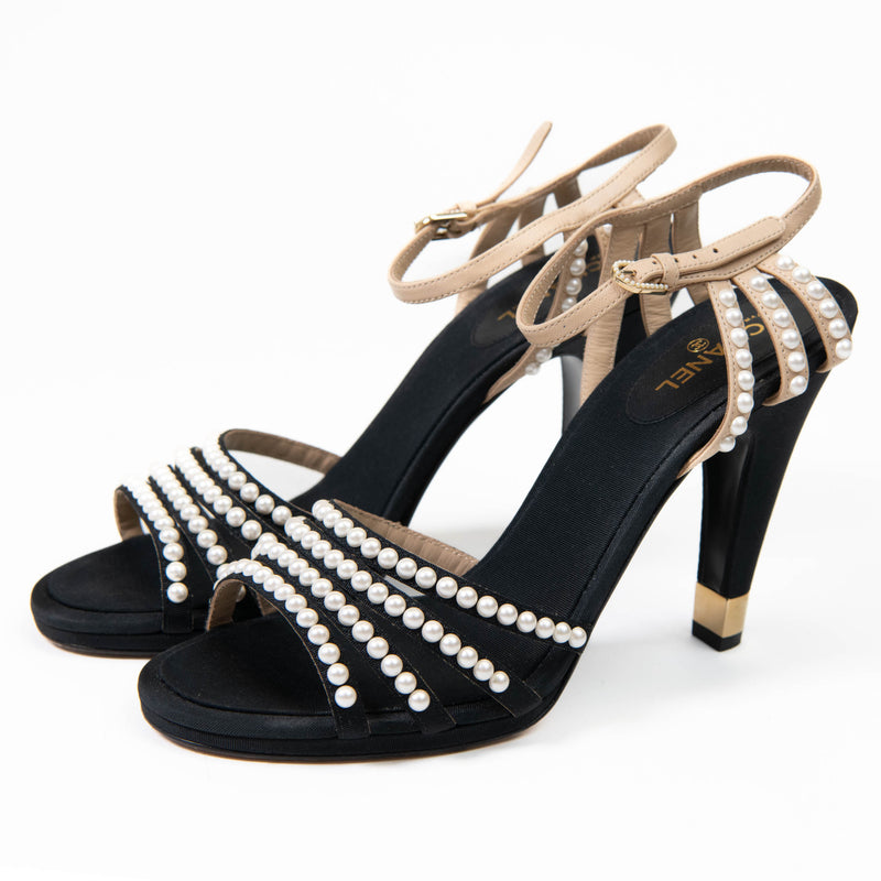 Chanel Black Canvas/Beige Leather Pearl Embellished Ankle Strap Sandals Size 39.5