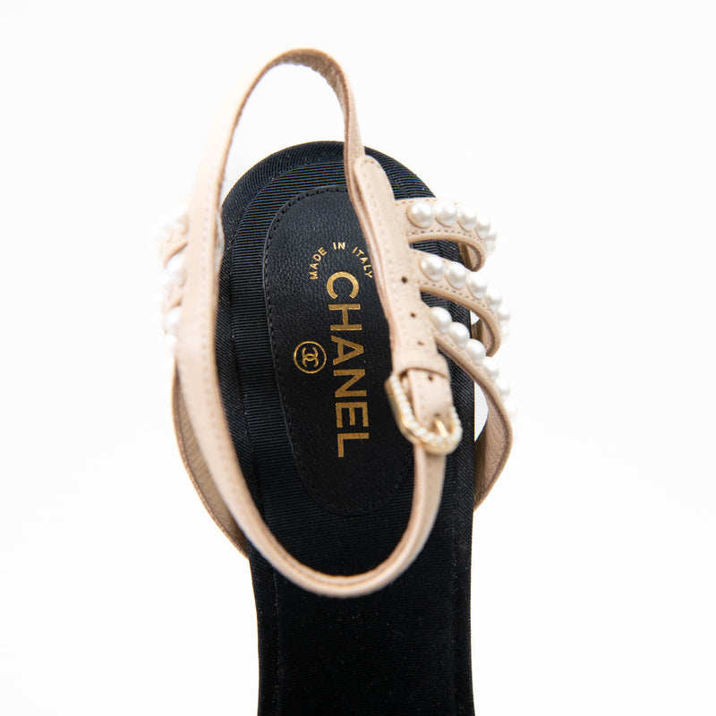 Chanel Black Canvas/Beige Leather Pearl Embellished Ankle Strap Sandals Size 39.5