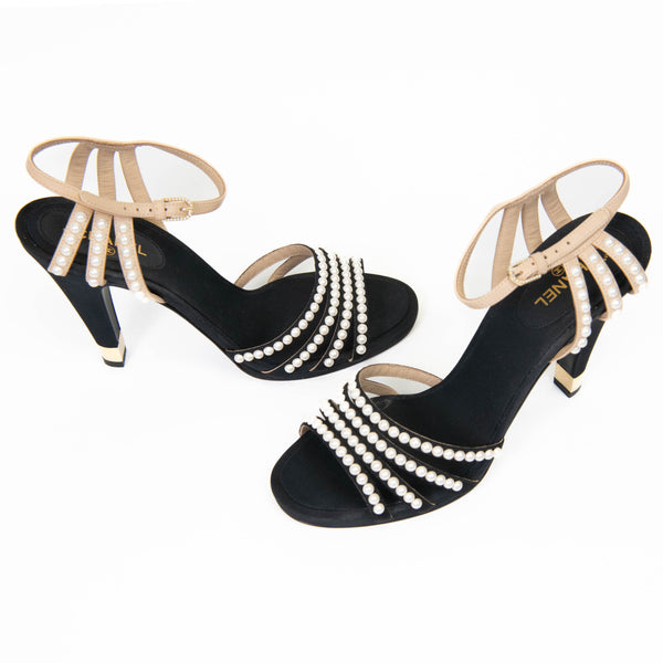 Chanel Black Canvas/Beige Leather Pearl Embellished Ankle Strap Sandals Size 39.5