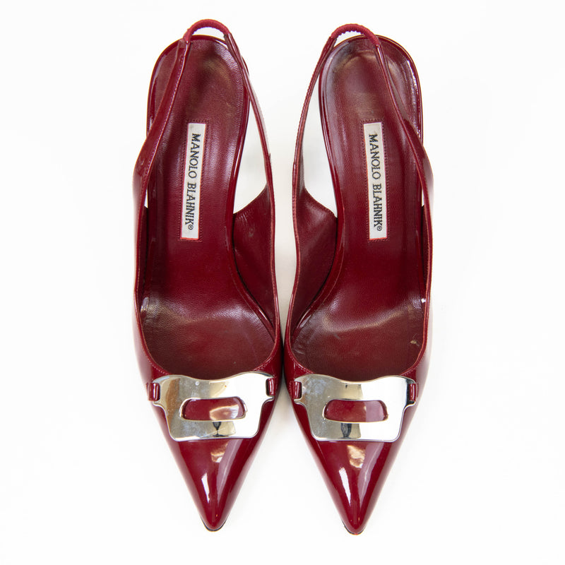 Manolo Blahnik Burgundy Patent Leather Slingback Heels Size 38.5