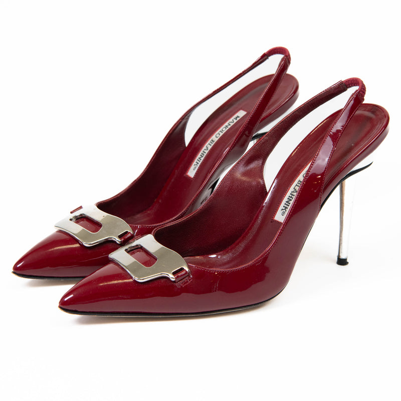 Manolo Blahnik Burgundy Patent Leather Slingback Heels Size 38.5