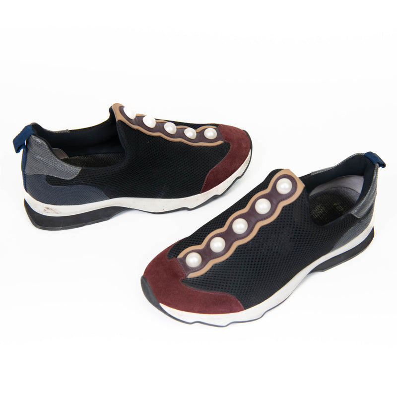 Fendi Black/Burgundy Mesh Pearl Studded Slip On Sneakers Size 39