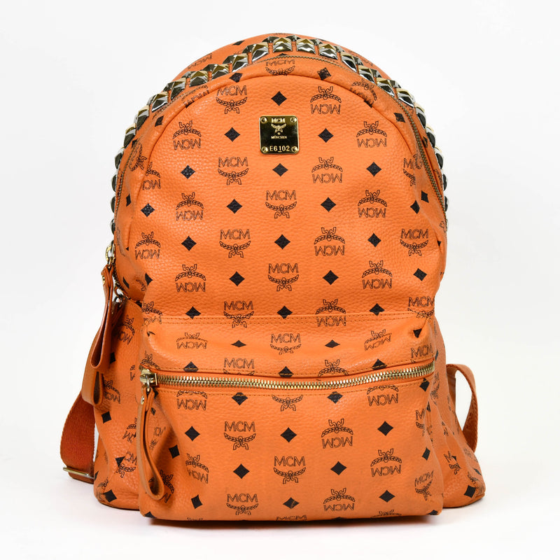 MCM Visetos Orange Canvas Side Stud Large Stark Backpack