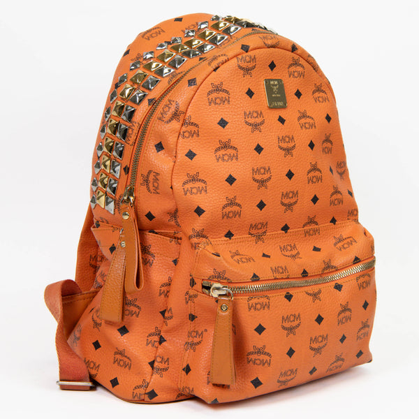 MCM Visetos Orange Canvas Side Stud Large Stark Backpack