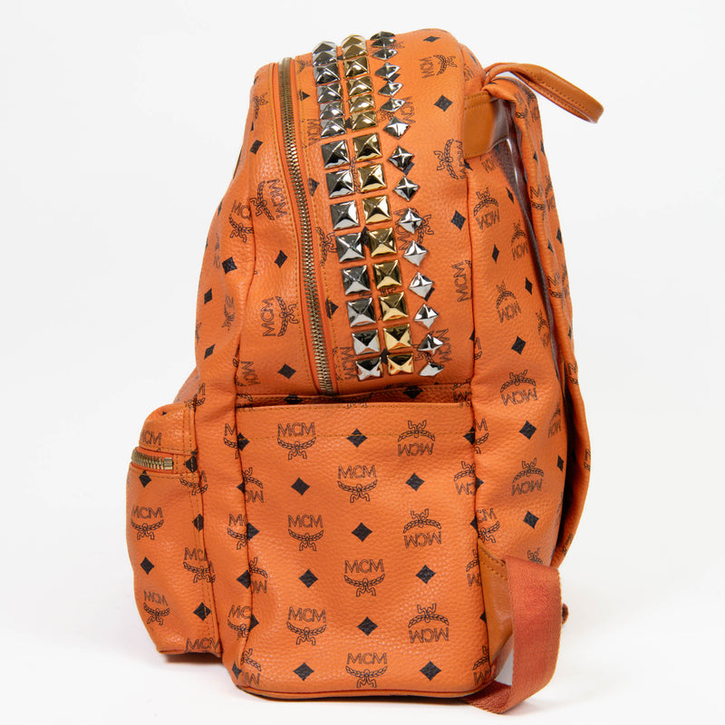 MCM Visetos Orange Canvas Side Stud Large Stark Backpack