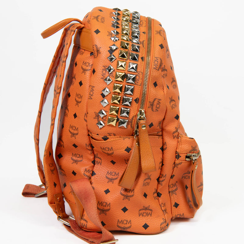 MCM Visetos Orange Canvas Side Stud Large Stark Backpack