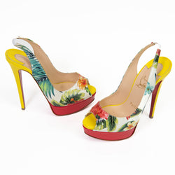 Christian Louboutin  Crackled Calfskin Patent Hawaii Print Lady Peep Sling 150 Pumps 36.5