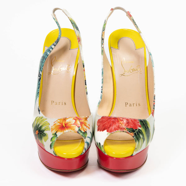 Christian Louboutin  Crackled Calfskin Patent Hawaii Print Lady Peep Sling 150 Pumps 36.5