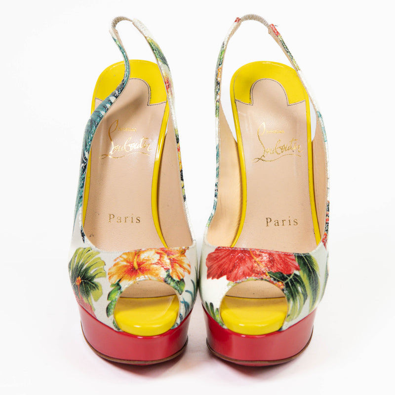 Christian Louboutin  Crackled Calfskin Patent Hawaii Print Lady Peep Sling 150 Pumps 36.5