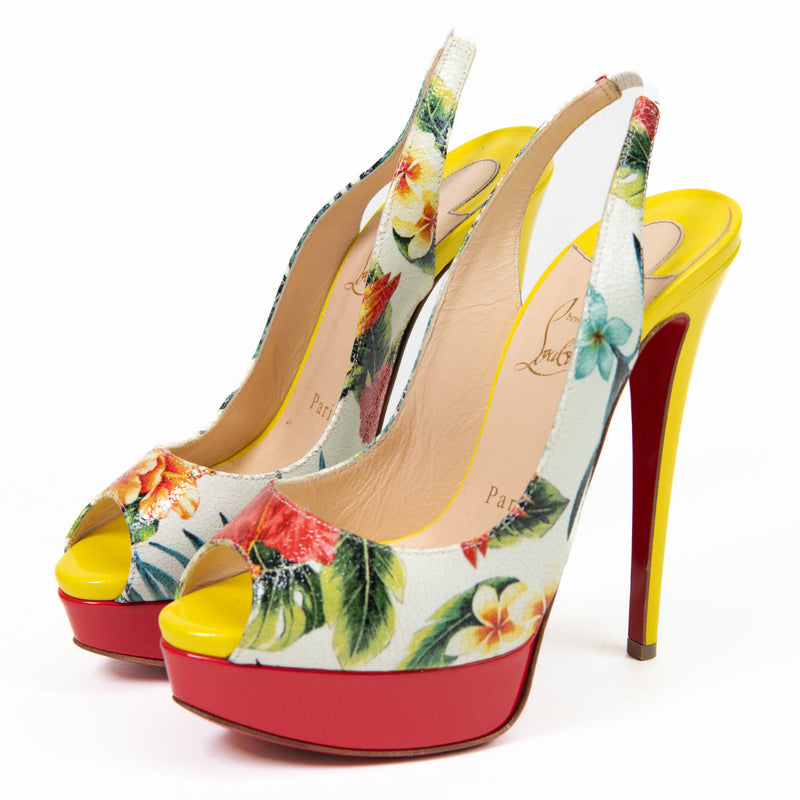 Christian Louboutin  Crackled Calfskin Patent Hawaii Print Lady Peep Sling 150 Pumps 36.5