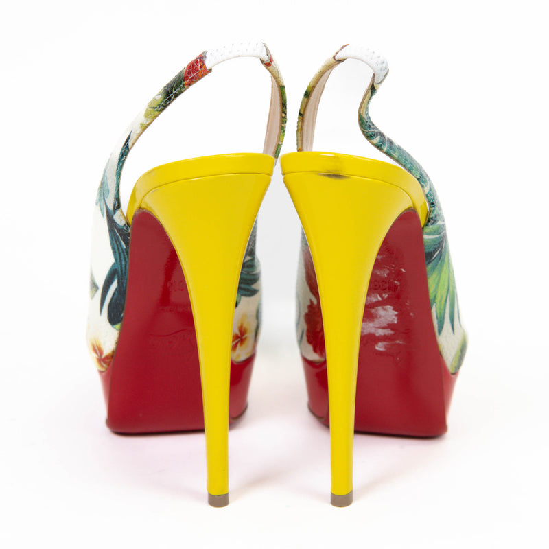 Christian Louboutin  Crackled Calfskin Patent Hawaii Print Lady Peep Sling 150 Pumps 36.5