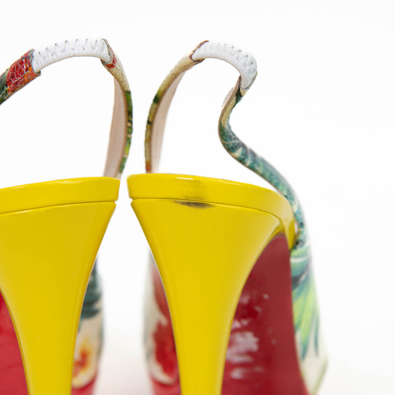 Christian Louboutin  Crackled Calfskin Patent Hawaii Print Lady Peep Sling 150 Pumps 36.5